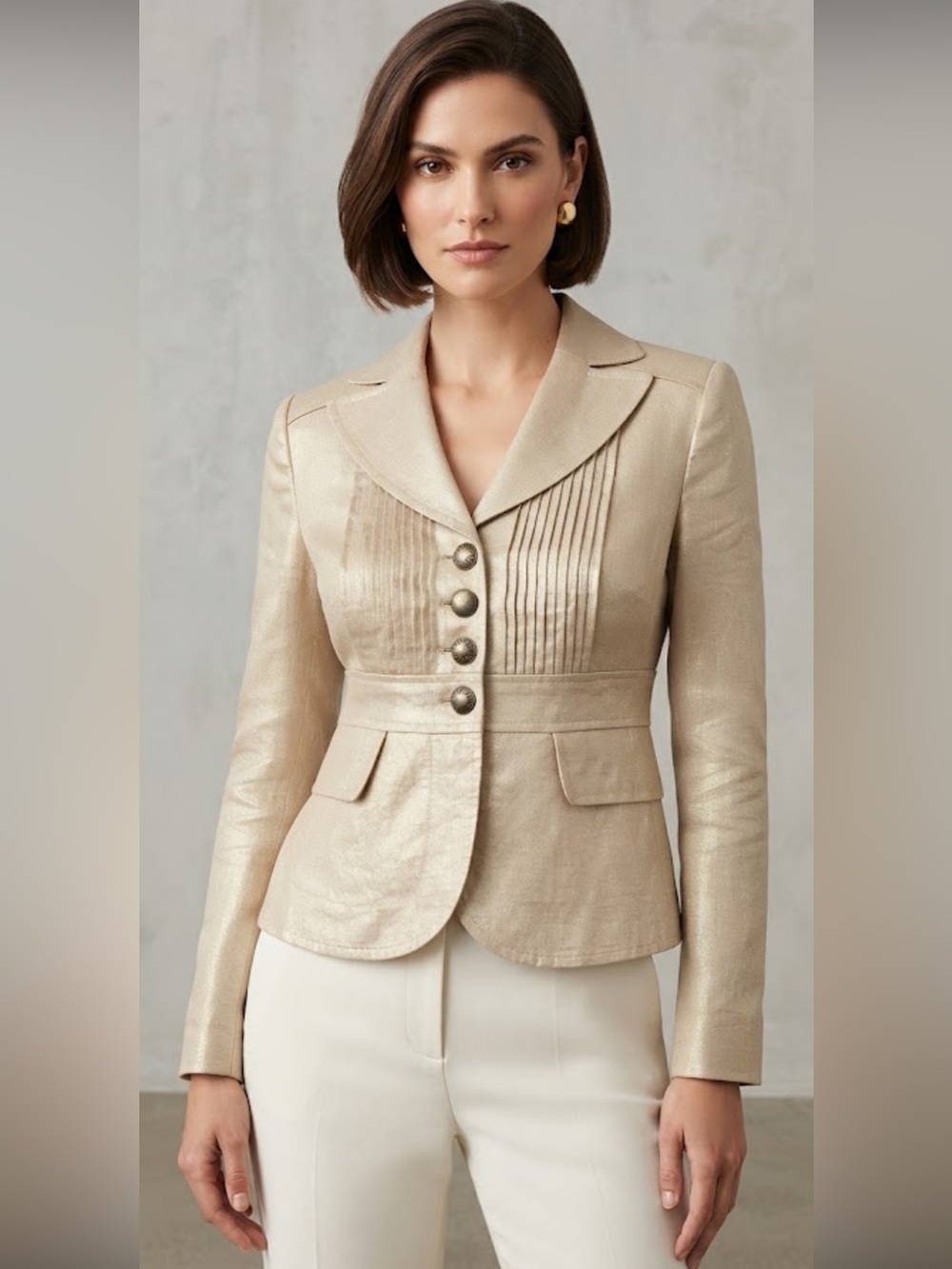 Cynthia Steffe Iridescent Gold Linen Metallic Pintucked Fitted Blazer Jacket